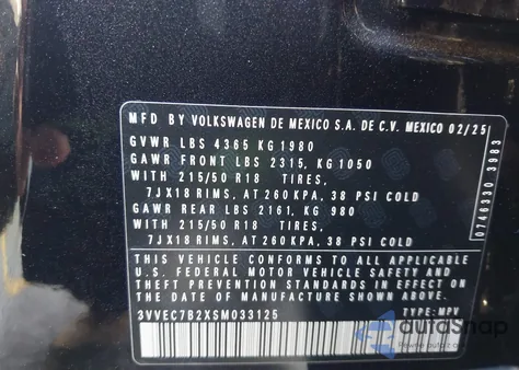 2025 Volkswagen Taos 1.5T Se из США, поврежденный, VIN 3VVEC7B2XSM033125